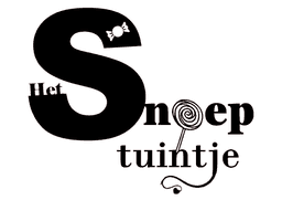 Het Snoeptuintje logo is zwart en bevat een lollie op stok voor de letter O als blikvanger en in de letter S zit een uitsnede van een snoepje in wikkel.