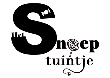 Het Snoeptuintje logo is zwart en bevat een lollie op stok voor de letter O als blikvanger en in de letter S zit een uitsnede van een snoepje in wikkel.